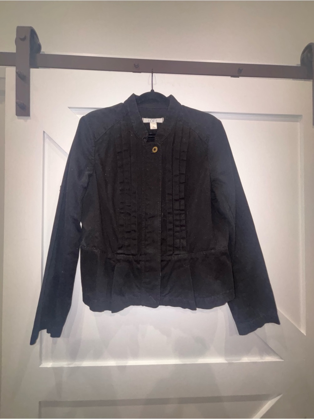 LOFT Black Women's Ruffle-Trim Jean Jacket